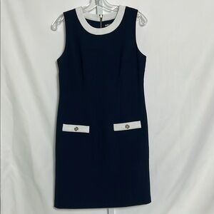 Karl Lagerfeld Sleeveless Navy Blue and White Women's Size 6 Midi Length Dress